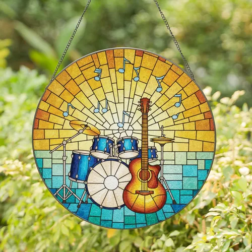 Stained Glass Acoustic Guitar Drum Kit Music Notes - Home Decor Gift for Music Lover Stained Glass Suncatcher