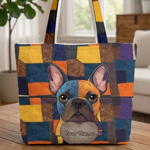 Colorful Mosaic Patchwork French Bulldog Heart - Everyday Carry Travel Essentials Gift for Pet Lover Quilted Tote Bag