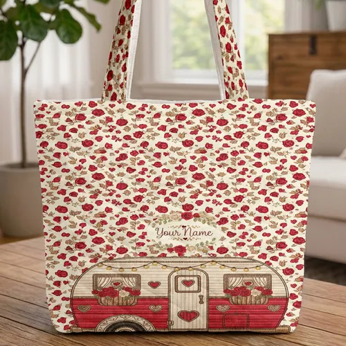 Ornate Vintage Camper Van Hearts Roses Floral Wreath - Valentine's Day Everyday Carry Gift Quilted Tote Bag