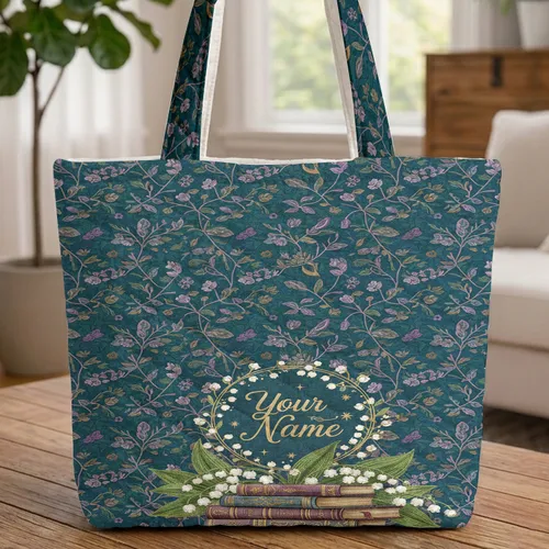 Floral Lily-of-the-Valley Ornate Vintage Books Personalized Name - Everyday Carry Gift Quilted Tote Bag