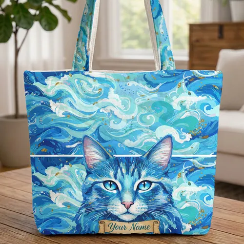 Majestic Cat Face Personalized Name - Everyday Carry Gift for Cat Lovers Quilted Tote Bag