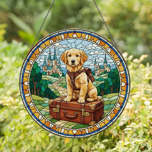 Golden Retriever Puppy on Suitcase Outdoor Pathway - Home Decor Gift for Dog Lover Stained Glass Suncatcher