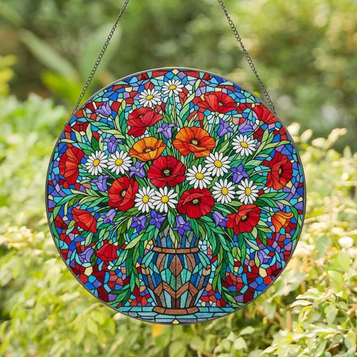 Vibrant Poppies Daisies Bellflowers Bouquet Mosaic Vase Swirling Patterns - Home Decor Gift Stained Glass Suncatcher