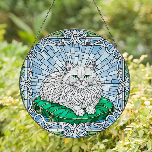 Stained Glass White Persian Cat Emerald Cushion Floral Border - Home Decor Gift for Cat Lover Stained Glass Suncatcher