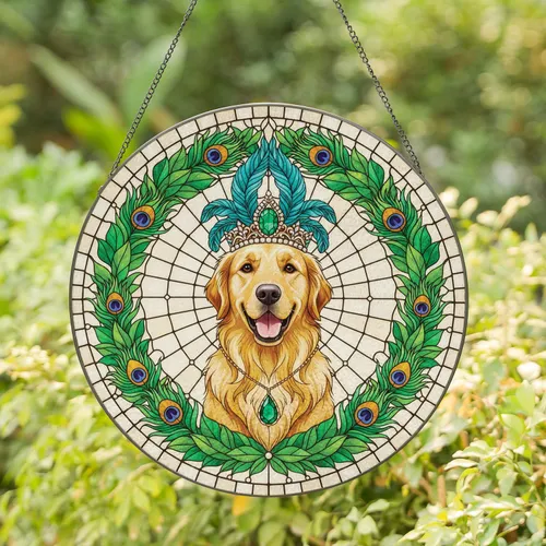 Tiffany Stained Glass Golden Retriever Royal Crown Peacock Wreath - Dog Lover Gift Stained Glass Suncatcher