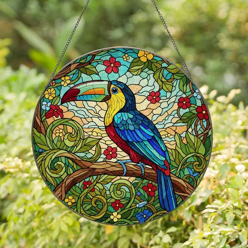 Majestic Toucan Tropical Jungle Mosaic Flowering Vines - Home Decor Gift for Bird Lover Stained Glass Suncatcher