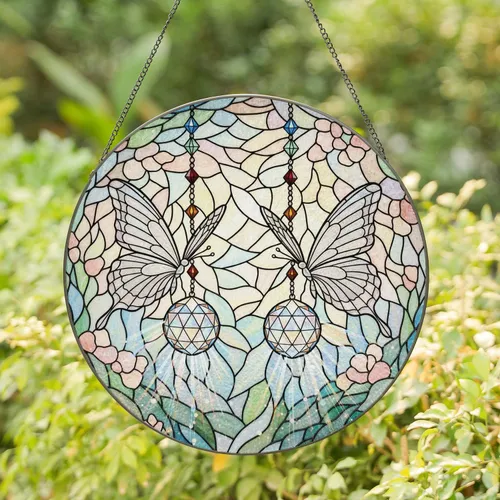 Filigree Butterflies Crystal Spheres Tiffany Glass Mosaic - Home Decor Gift Stained Glass Suncatcher