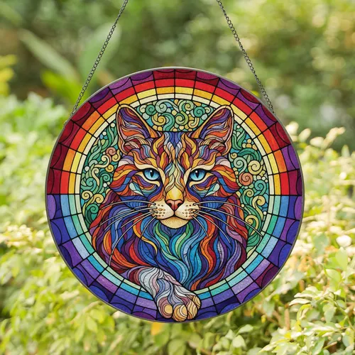 Psychedelic Swirl Cat Rainbow Border - Mosaic Organic Swirls Home Decor Cat Lover Gift Stained Glass Suncatcher