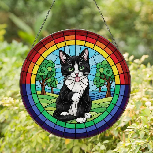 Stained Glass Tuxedo Kitten Rainbow Border - Cat Lover Home Decor Gift Stained Glass Suncatcher