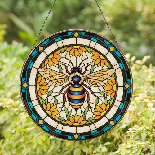 Tiffany Stained Glass Honeybee Daisy Flowers - Garden Home Decor Gift Stained Glass Suncatcher