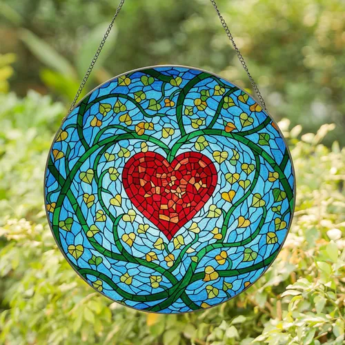 Expansive Mosaic Stained Glass Heart Flowing Branches Leaves - Home Decor Gift Stained Glass Suncatcher