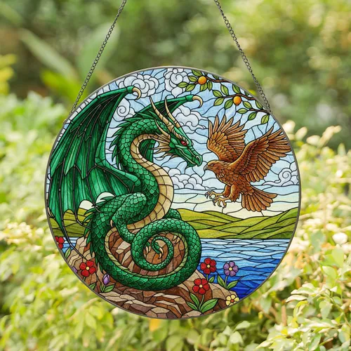 Majestic Emerald Green Dragon, Bat Wings, Bird, Flowers - Dragon Lover Home Decor Gift Stained Glass Suncatcher
