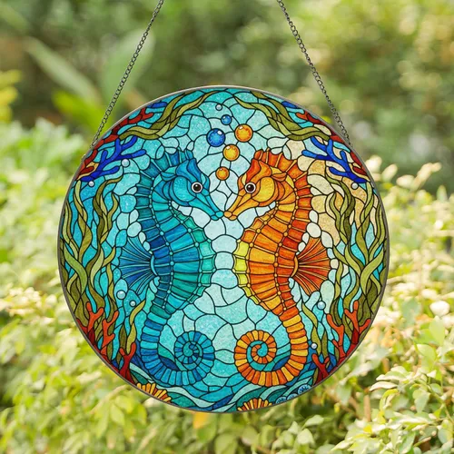 Vibrant Mirroring Seahorses Underwater Coral Reef Scene - Home Decor Gift Stained Glass Suncatcher