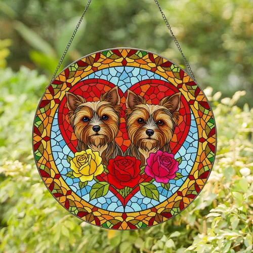Yorkshire Terriers Heart Roses Circular Mosaic - Home Decor Gift for Dog Lovers Stained Glass Suncatcher