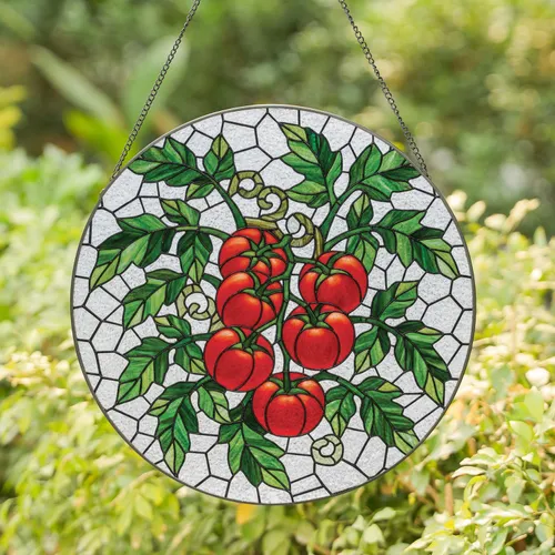 Ripe Red Tomato Clusters Green Leaves Vine Clear Mosaic Glass - Home Decor Gift for Garden Lover Stained Glass Suncatcher