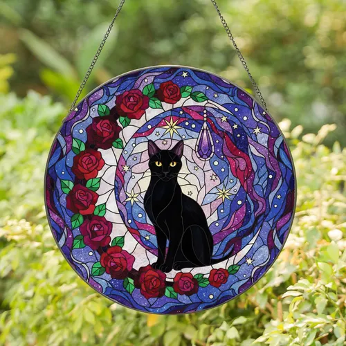 Black Cat Crescent Moon Roses Glowing Stars - Home Decor Gift for Cat Lover Stained Glass Suncatcher