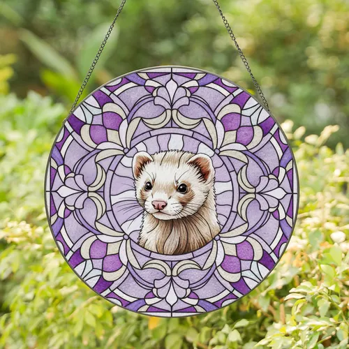Ferret Stained Glass Floral Medallion Mosaic - Home Decor Gift for Ferret Lover Stained Glass Suncatcher