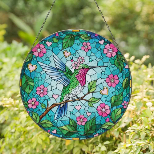 Hummingbird Pink Blossoms Golden Hearts Mosaic Border - Wildlife Lover Home Decor Gift Stained Glass Suncatcher