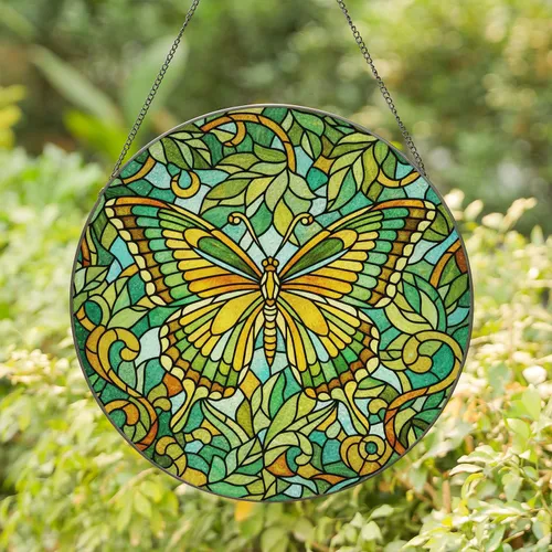 Stained Glass Majestic Butterfly Mosaic Lush Natural Leaves - Home Decor Gift for Wildlife Lover Stained Glass Suncatcher