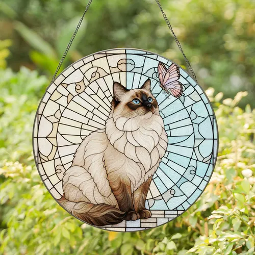 Birman Cat Butterfly Geometric Mosaic Stained Glass - Home Decor Gift for Cat Lover Stained Glass Suncatcher