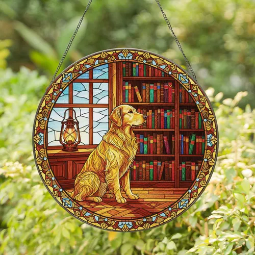 Golden Retriever Tiffany Glass Dog with Lantern Bookshelf - Home Decor Gift for Dog Lover Stained Glass Suncatcher