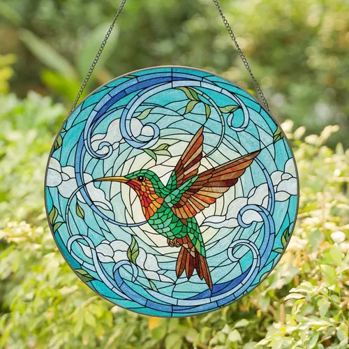 Hummingbird Floral Foliage Mosaic Sky - Home Decor Gift for Bird Lover Stained Glass Suncatcher