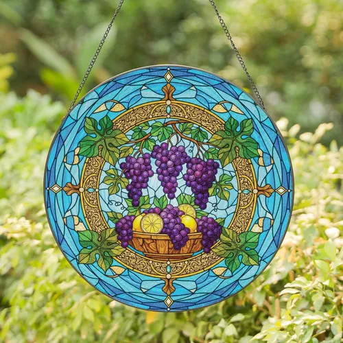 Lush Purple Grapes Green Vines Golden Frame Citrus Slices Mosaic Sky - Home Decor Gift Stained Glass Suncatcher