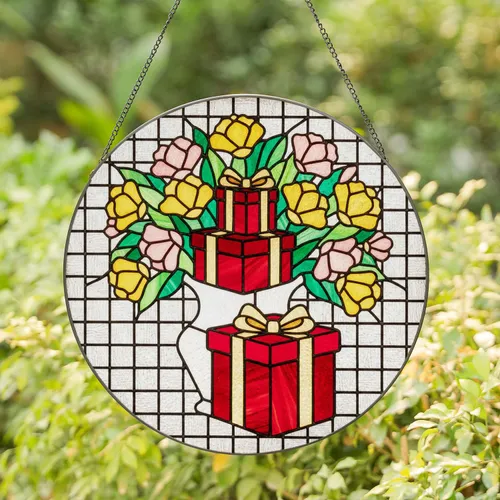Stacked Red Gift Boxes White Vase Yellow Pink Flowers Fabric Mosaic - Home Decor Gift Stained Glass Suncatcher