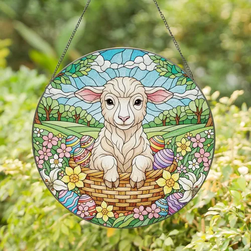 Baby Lamb Easter Eggs Spring Flowers - Easter Home Decor Gift for Lamb Lover Stained Glass Suncatcher