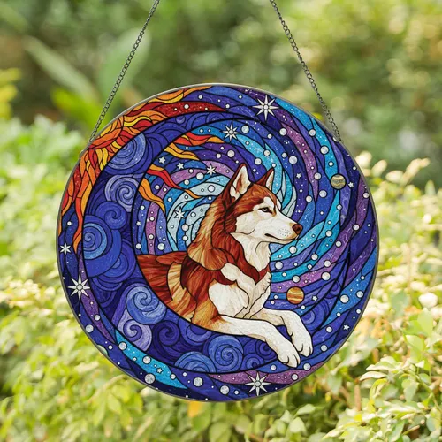 Profile Resting Husky Dog with Crossed Paws Crescent Moon Sun Celestial Expanse - Dog Lover Home Decor Gift Stained Glass Suncatcher
