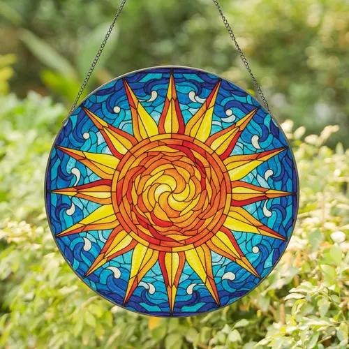 Jewel Tones Swirling Sun Disc Layered Pointed Rays Wave Air Current Mosaic - Home Decor Gift Stained Glass Suncatcher