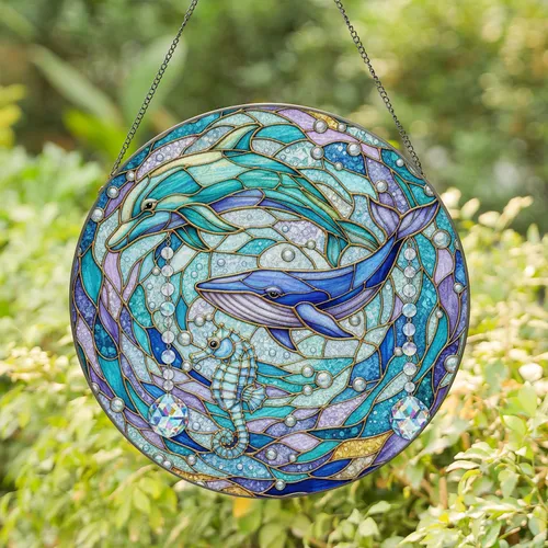 Dolphin Whale Seahorse Ocean Waves - Home Decor Gift for Marine Life Lover Stained Glass Suncatcher