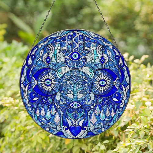 Hamsa Hand Tree of Life Crescent Moon Sun Evil Eye Blue Crystal Stars Home Decor Gift Stained Glass Suncatcher