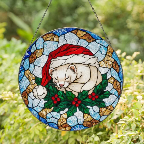 Sleeping Ferret Santa Hat Holly Berries Snowflakes Mosaic - Christmas Gift for Ferret Lover Stained Glass Suncatcher