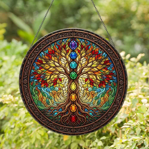 Tree of Life Chakra Gemstones - Yoga Home Decor Gift for Yoga Lover Stained Glass Suncatcher