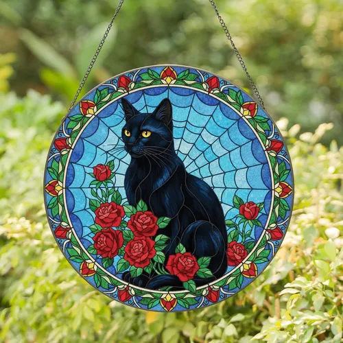 Black Cat Yellow Eyes Red Roses Spiderweb Floral Leafy Border - Home Decor Gift for Cat Lover Stained Glass Suncatcher