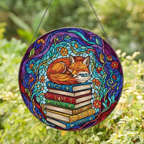 Curled Sleeping Fox Antique Books Botanical Elements Home Decor Gift for Book Lover Stained Glass Suncatcher