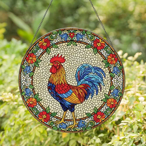 Rooster Fanned Tail Feathers Flowers Mosaic Stained Glass - Farmhouse Decor Gift for Rooster Lover Stained Glass Suncatcher