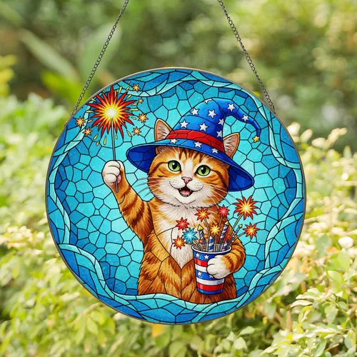 Tabby Cat Wizard Hat Firework Sparkler Patriotic Cup - Independence Day Gift for Cat Lover Stained Glass Suncatcher