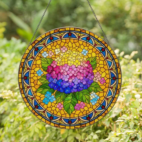 Gradient Hydrangea Floral Cluster Jewel Glass Border Mosaic - Home Decor Gift Stained Glass Suncatcher