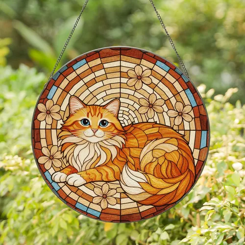 Fluffy Ginger Cat Blue Eyes Cream Fur Brown Flowers Circular Mosaic - Home Decor Gift for Cat Lover Stained Glass Suncatcher