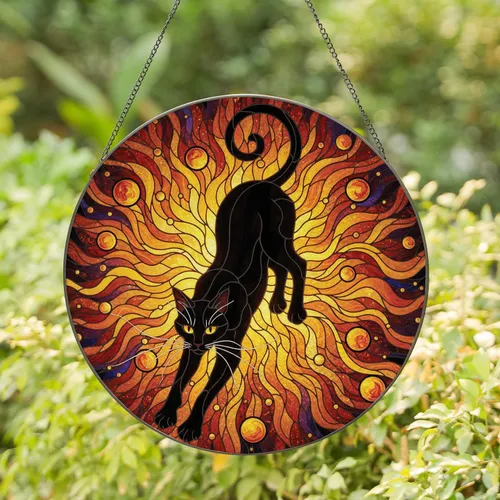 Black Cat Celestial Mosaic - Home Decor Gift for Cat Lover Stained Glass Suncatcher