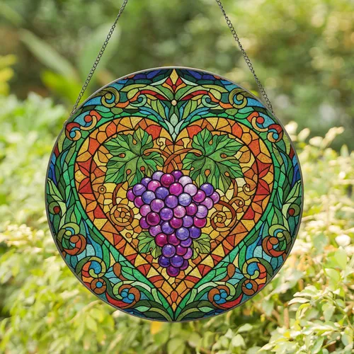 Plump Purple Grapes Green Leaves Heart Swirling Foliage Sky Mosaic - Home Decor Gift Stained Glass Suncatcher