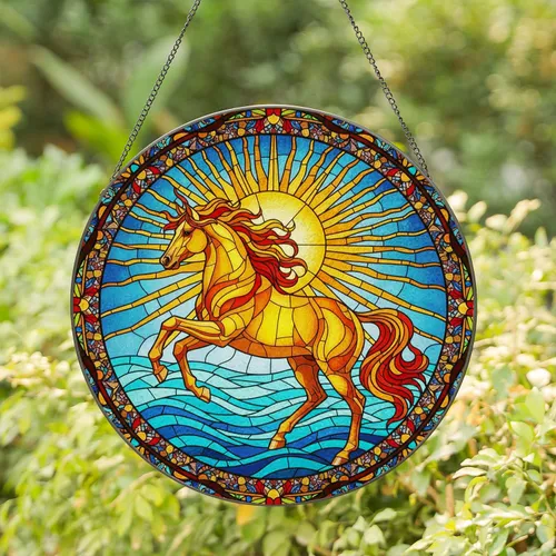 Prancing Horse Stained Glass Glowing Sun Ocean Sky Mosaic - Home Decor Gift for Horse Lover Stained Glass Suncatcher