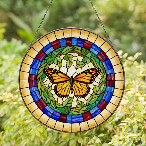 Monarch Butterfly Green Leaves Circular Mosaic - Everyday Home Decor Gift for Butterfly Lover Stained Glass Suncatcher