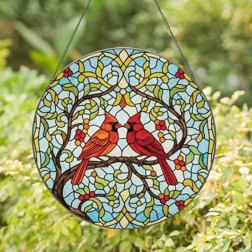 Cardinal Birds Tree Branch Mosaic Jewel Tones - Home Decor Gift for Bird Lover Stained Glass Suncatcher