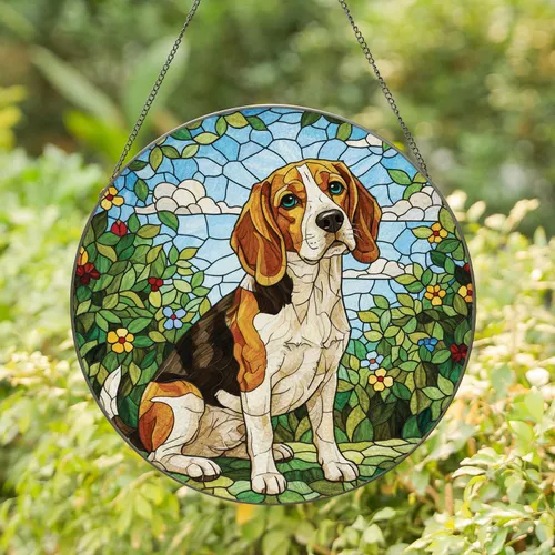 Tri-Color Beagle Dog Stained Glass Outdoor Scene - Dog Lover Home Decor Gift Stained Glass Suncatcher