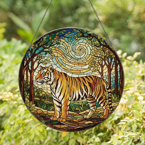 Striped Profile Tiger Dense Forest Mosaic - Home Decor Gift for Wildlife Lover Stained Glass Suncatcher