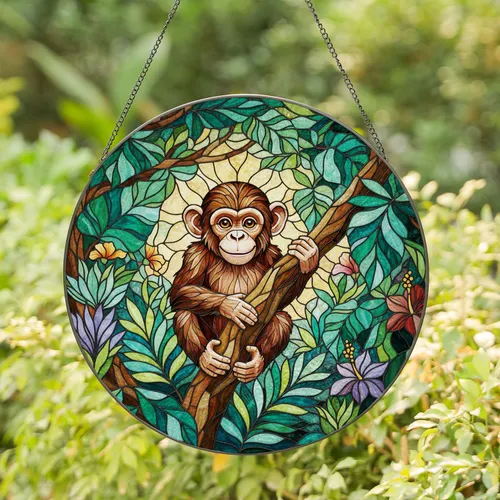 Cute Baby Chimpanzee Jungle Tropical Foliage Wildlife Lover Home Decor Gift Stained Glass Suncatcher