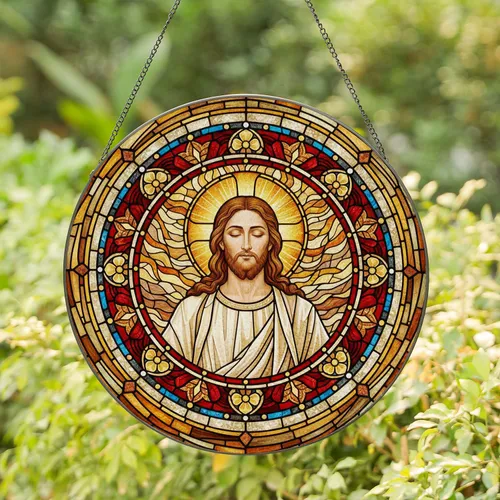 Jesus Christ Golden Halo Celestial Light Mosaic Circular Border - Home Decor Gift Stained Glass Suncatcher